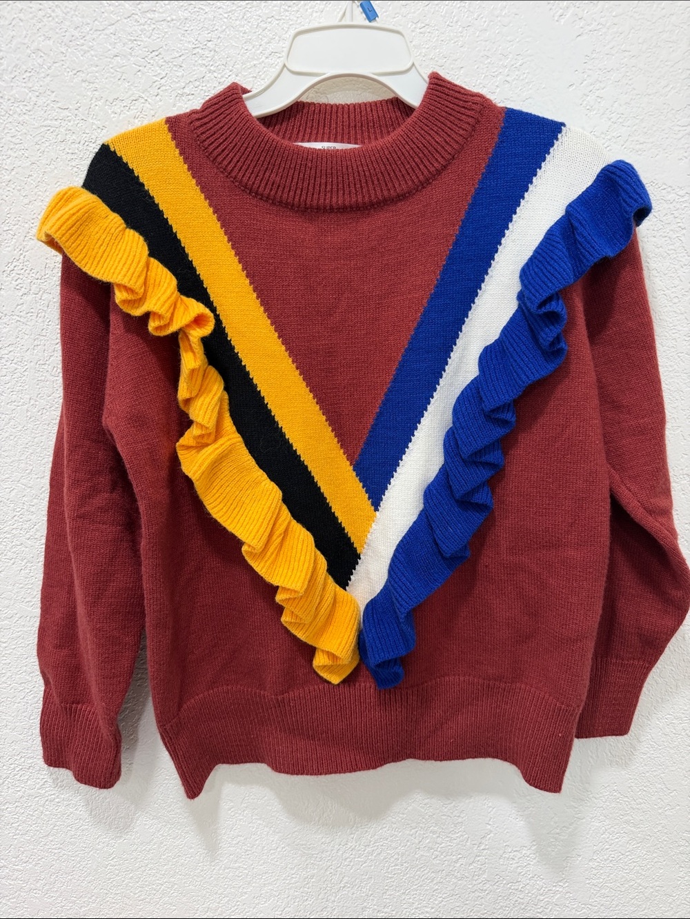 NWOT Korean Ruffle V-Stripe Crewneck Sweater Rust with Yellow & Blue Size S/M
